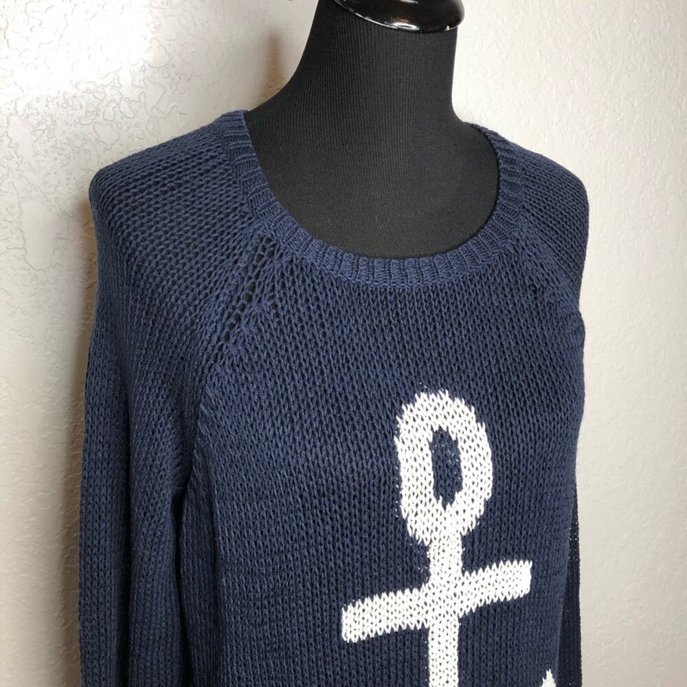 Wooden Ships navy white anchor nautical open knit sweater size Medium / Large ML - Picture 2 of 13